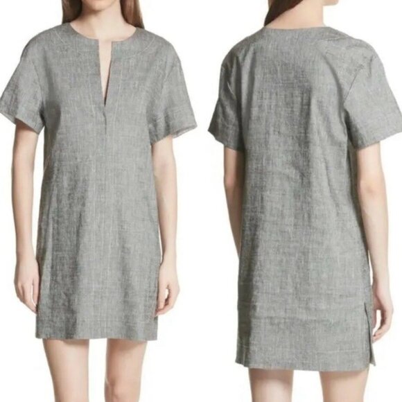 NWT Theory LINEN Blend SLIT FRONT SHIFT Sharkskin Crunch Mini Dress MEDIUM - Picture 8 of 15
